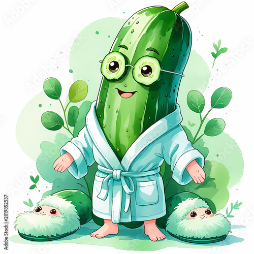 Cozy Wellness Cucumber Character Watercolor Art