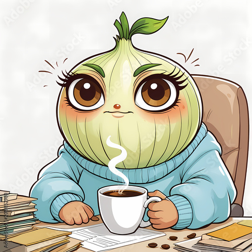 Cozy Office Onion Cartoon on White Background