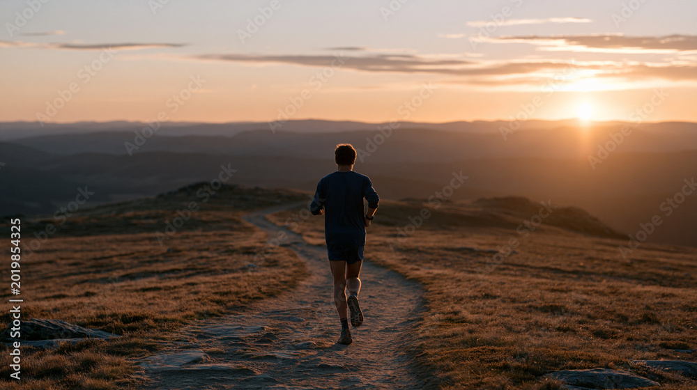 Naklejka premium Solitary ultramarathon runner on a remote mountain trail at the June summer solstice, elevation markers visible on a GPS watch, an empty desolate ridge stretching ahead under a wide dramatic sky at 