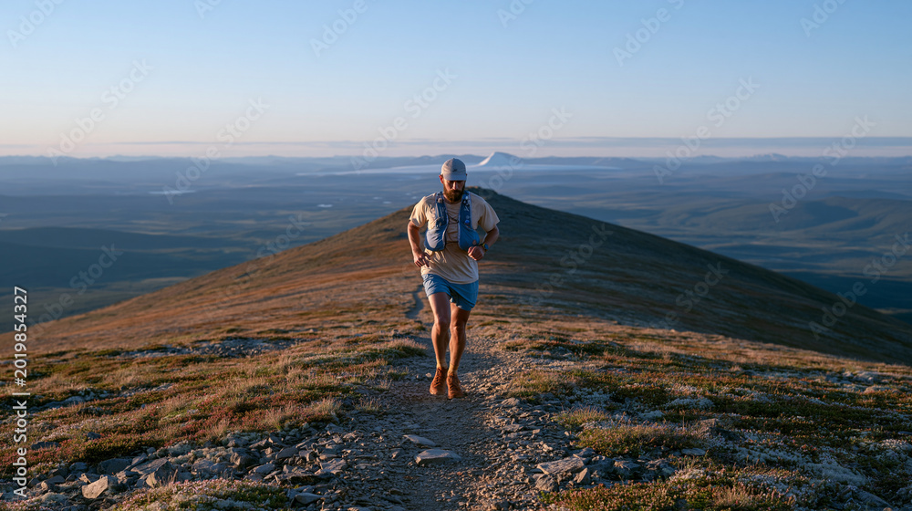 Fototapeta premium Solitary ultramarathon runner on a remote mountain trail at the June summer solstice, elevation markers visible on a GPS watch, an empty desolate ridge stretching ahead under a wide dramatic sky at 