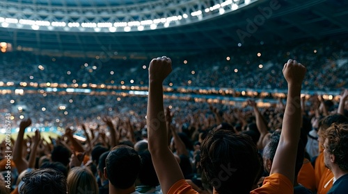 Cheering crowd celebrating victory in a massive stadium