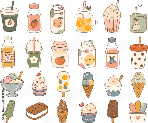 Schilderij op canvas Assorted Desserts and Drinks Collection with Fruits and Ice Cream Treats