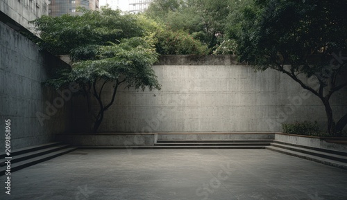 Modern minimalist concrete wall with lush green trees on the right side, creating a serene and contemporary outdoor environment