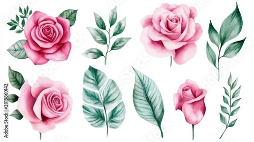 Collection of watercolor pink roses and green leaves for garden and wedding designs