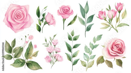 Watercolor elements of pink roses and greenery for garden floral designs and wedding decorations