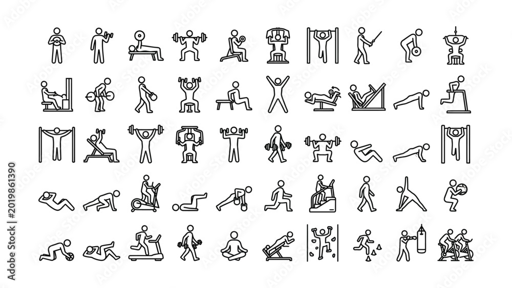 Obraz premium Stick figure icons of people doing various exercises and workouts with dumbbells and machines fitness and sports
