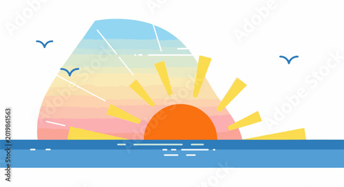 Bright sunrise over calm water with birds flying in pastel sky