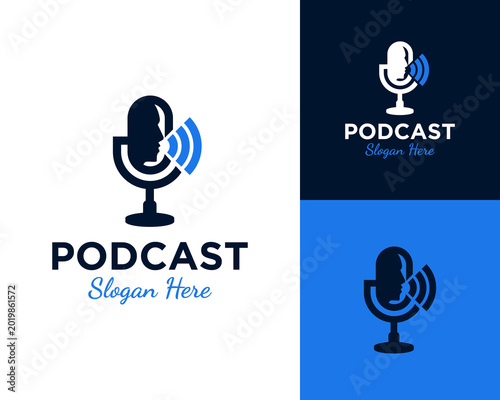 Podcast Microphone Logo Design Vector With Voice Profile and Sound Waves for Audio Broadcast and Recording