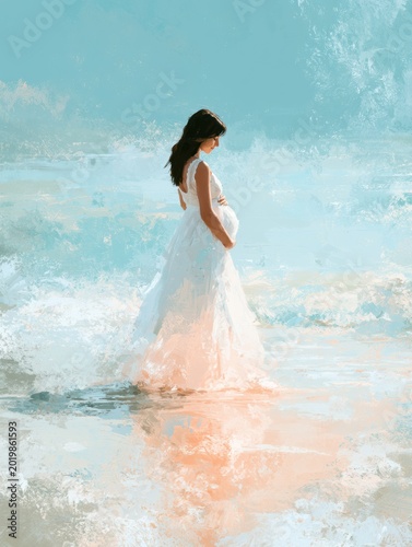 A pregnant woman in a white dress walks in shallow ocean water, facing away with soft colors surrounding her in warm tones.