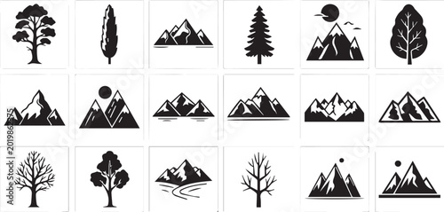 Mountain and Forest Icon Vector Set for Outdoor Adventure Logos