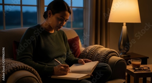 Woman writing in mood tracker journal while sitting on armchair at night. Mental health care and reflection concept. Personal development, mindfulness practice and emotional wellness habit.