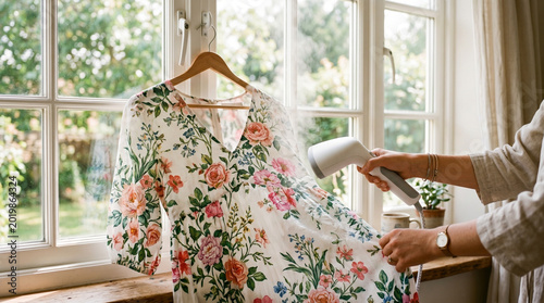 Woman steaming floral dress while standing by window indoors  