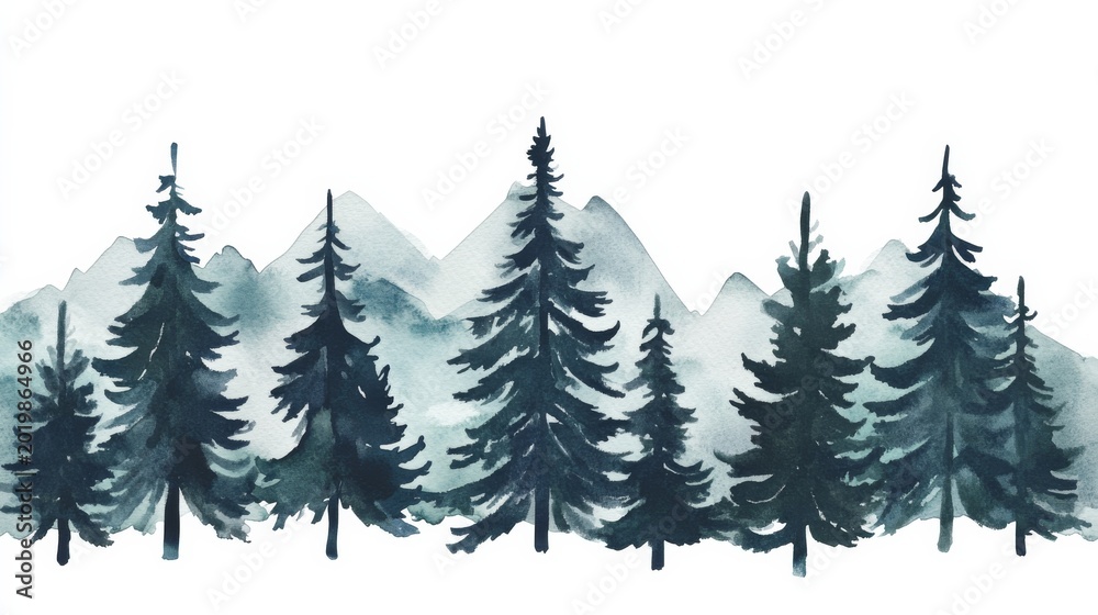 Fototapeta premium Forest tree watercolor painting showing pine trees and mountains in the background under a clear sky