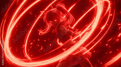 Anime female warrior twirling with neon red fire ribbons on a black background