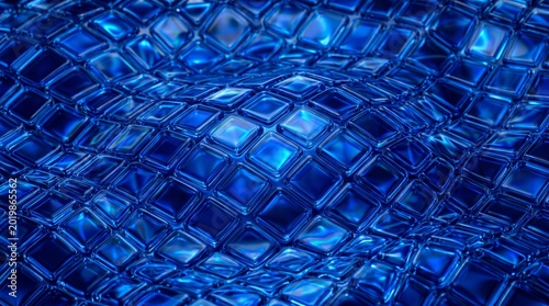 Futuristic Ultramarine Blue Glass Mosaic with Electric Reflections and Deep Cyan Glow. High-tech 3D background featuring vibrant ultramarine blue glass cubes. Intense neon-like reflections, glossy 
