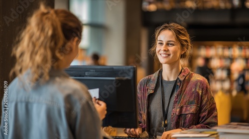 Smiling female student at library front desk engaging with staff during daytime