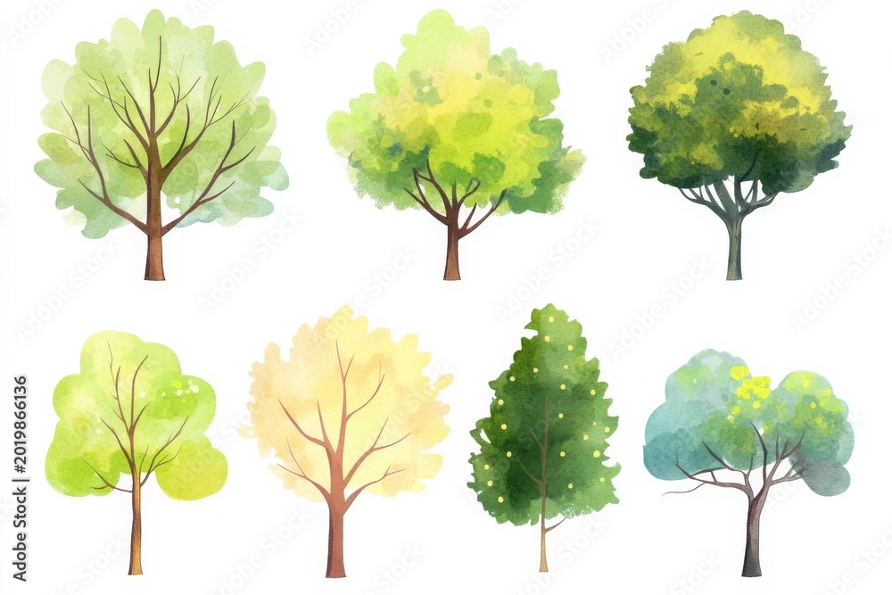 Fototapeta premium Collection of summer and spring trees in watercolor style showing different shapes and sizes on a white background