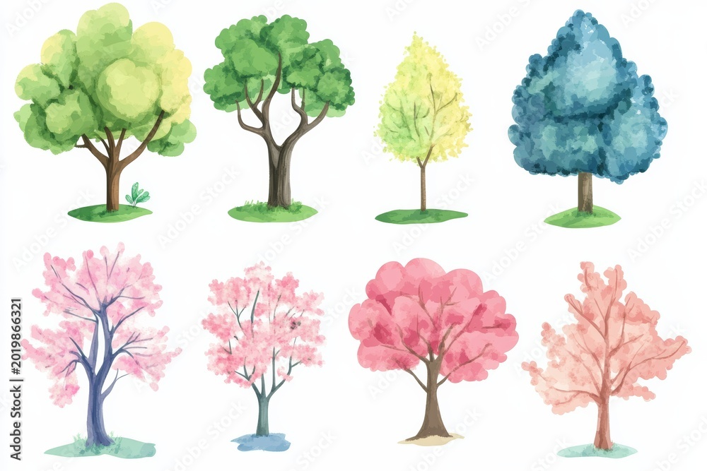 Fototapeta premium Watercolor illustration of different trees in spring and summer styles on white background for creative projects