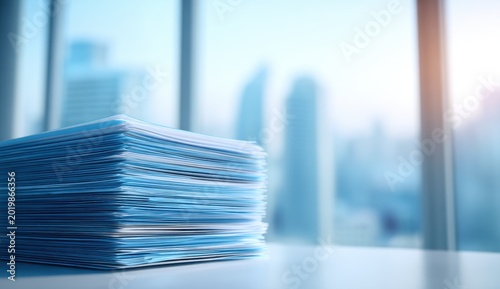 Stack of blue office document files on a modern desk with a bright cityscape background