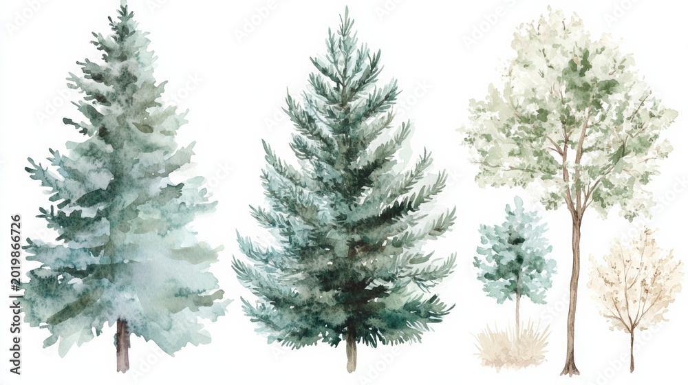 Obraz premium Watercolor tree set features green pine, blue spruce, lush ash, and beige bush for art and design projects
