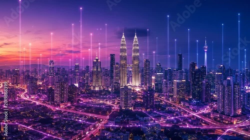 Futuristic Kuala Lumpur skyline at dusk with glowing smart city data network, neon digital light trails, and illuminated twin towers in cinematic 4K.