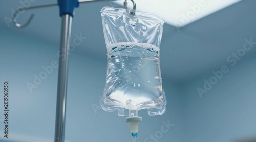 IV fluid bag hanging in a hospital room during patient treatment session in the afternoon