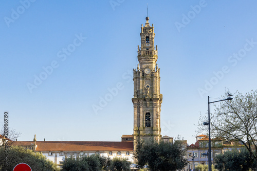 Quadro em tela Clérigos Tower Porto Portugal historic landmark with blue sky and trees