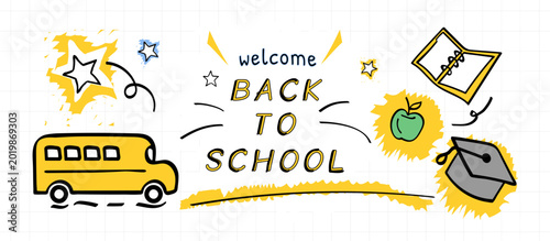 Foto A wide panoramic banner for the start of the school year in a doodle style, featuring a school bus, a notebook, an academic cap, an apple, and stars
