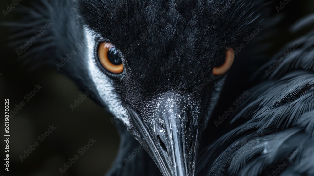 Obraz premium Close-up of crane's face, intense eyes, dark background. Nature wildlife photography
