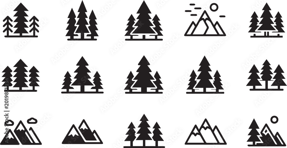 Fototapeta premium Mountain and Forest Icon Vector Set for Outdoor Adventure Logos