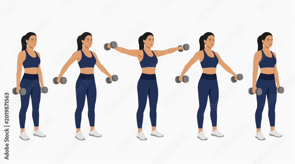 Fototapeta premium Woman performing dumbbell lateral raise exercise sequence for shoulder workout vector style
