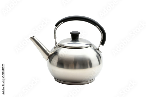 Shiny metal tea kettle with handle.