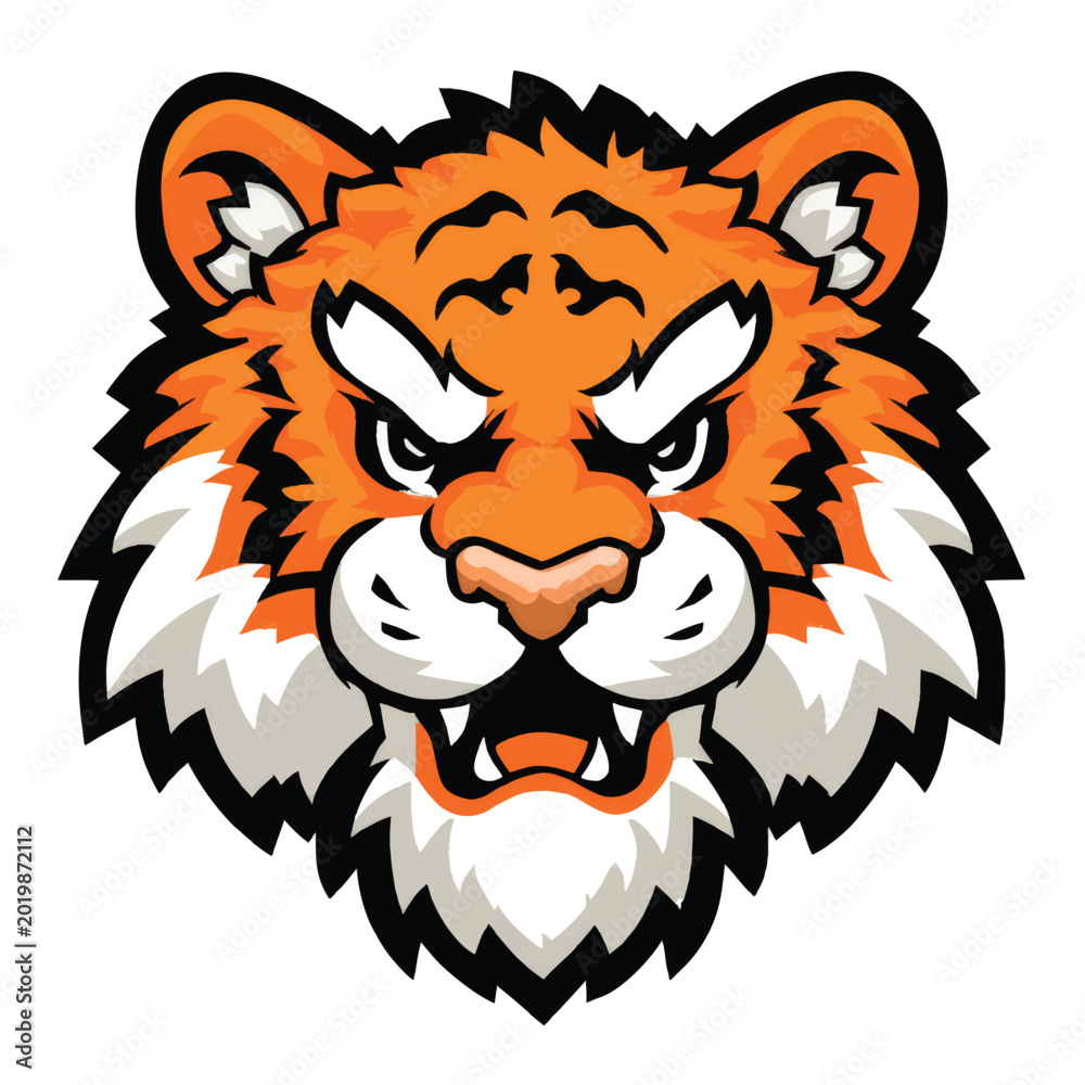 Fototapeta premium Cartoon tiger face with angry expression.