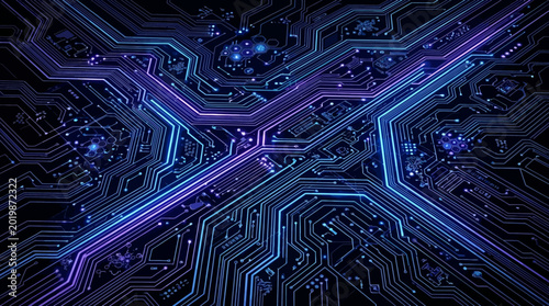 Bild auf Leinwand circuit board with blue and purple lights on a black background