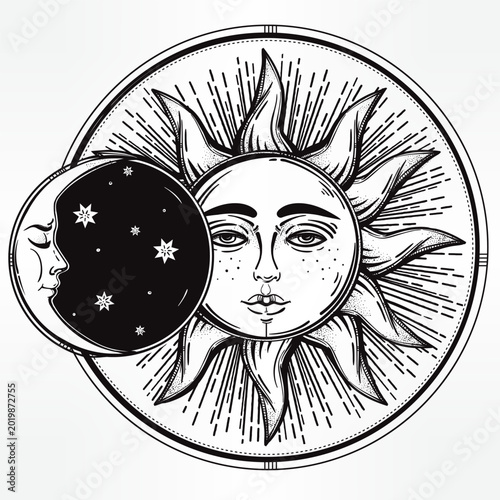 Canvastavla Black and white portrait of a woman with radiant sunburst and stars