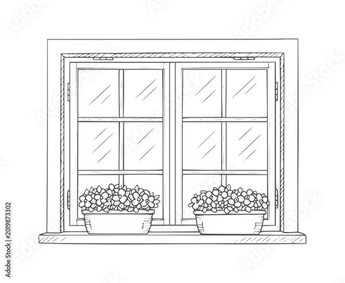 Quadro su tela Hand drawn of a double pane window with flower boxes handdrawn doublepane flower