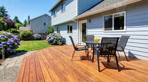 Stained cedar wood deck attached to a light blue suburban home furnished with modern black patio chairs overlooking a vibrant green summer lawn.