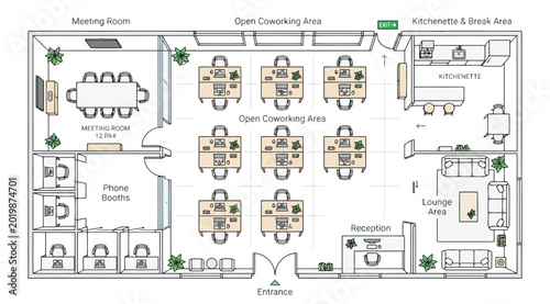Tableau sur toile Simple floor plan of a small coworking office with meeting room, phone booths, o