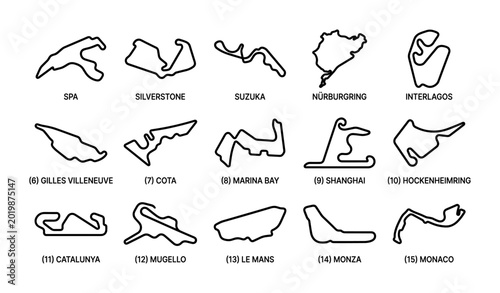 Motor racing circuit outlines with labels arranged in grid
