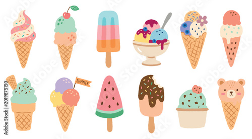 Cute summer icecream set. Refreshing sweet dessert collection. Tasty colorful vector illustration.