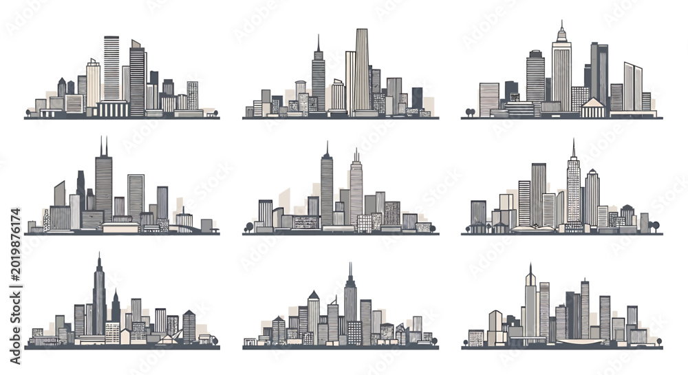 Fototapeta premium Collection of nine detailed hand-drawn city skylines in black and white.