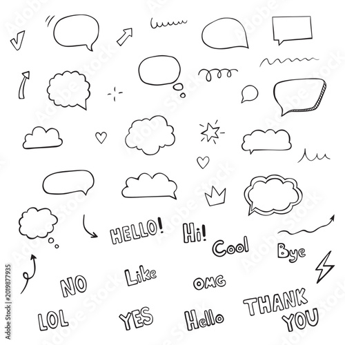 Hand drawn quote poster set. Isolated text box. Black and white empty speech bubbles. Vector illustration