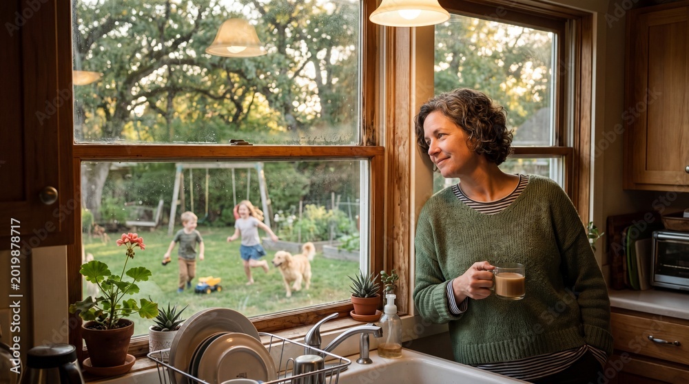 © PREEDA - Mother enjoying peaceful morning in cozy kitchen, holding coffee and gazing out window at children and dog playing joyfully in green backyard, warm sunlight streaming © PREEDA - Mother enjoying peaceful morning in cozy kitchen, holding coffee and gazing out window at children and dog playing joyfully in green backyard, warm sunlight streaming
