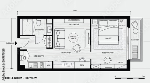 Bild auf Leinwand Detailed top view floor plan of a hotel room with kitchenette and balcony