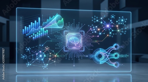 Futuristic interface showcasing artificial intelligence and data analytics in digital networking