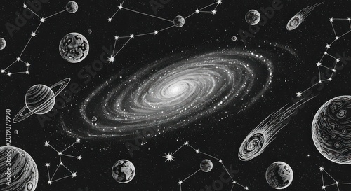 Cosmic Galaxy and Celestial Bodies Illustration.