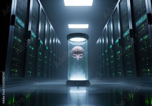 Brain floating in glass tube inside server room.
