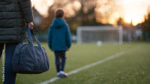 Parent carrying sports bag at soccer field