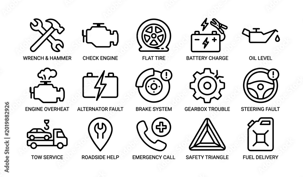 Fototapeta premium Vehicle warning and roadside service icons displayed on white
