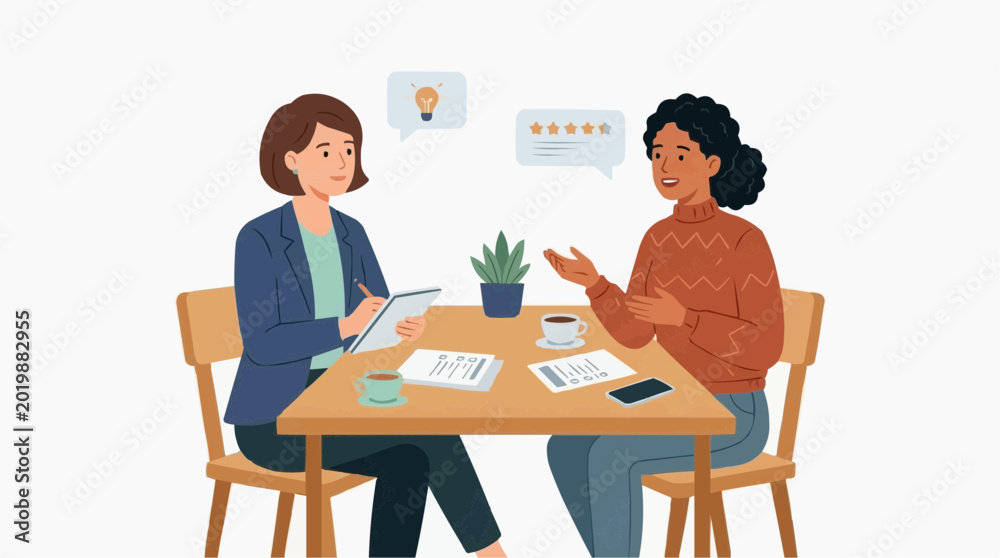 Obraz premium Two women having a business meeting discussing ideas and feedback at a table vector style